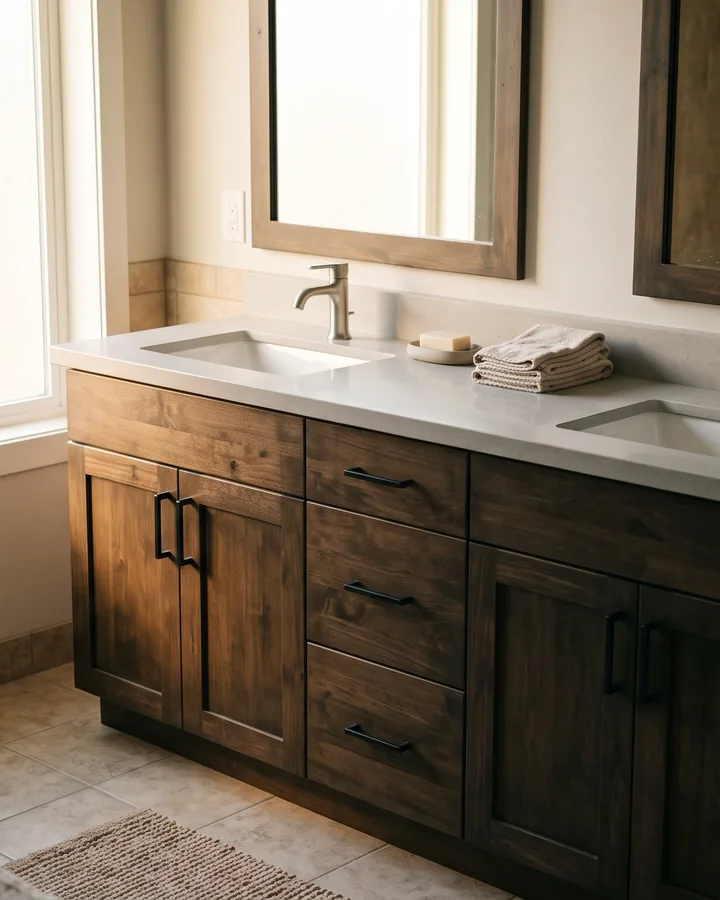A bathroom with a custom double vanity in dark stain