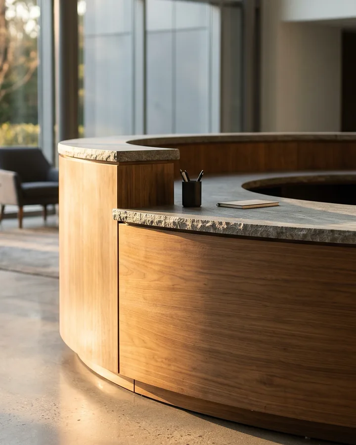 A reception desk built in wood veneer for an office lobby