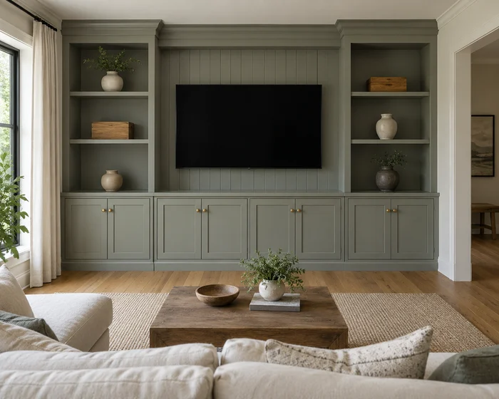 A built in entertainment center with painted shaker cabinets and open shelves around a TV wall